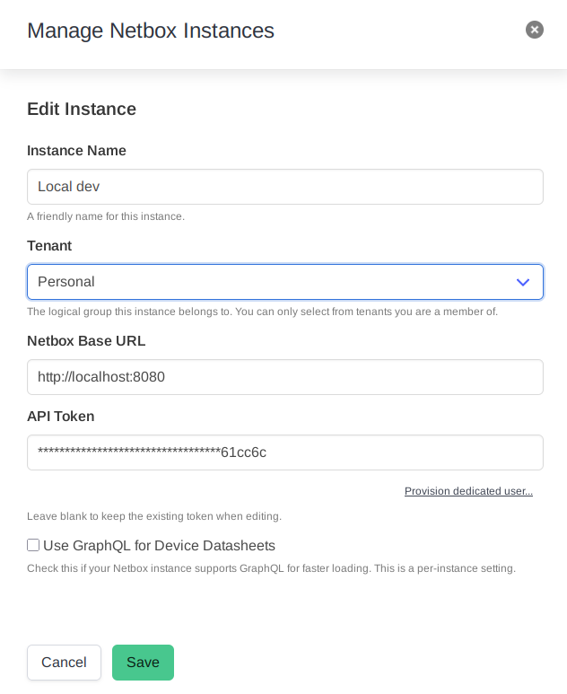 Image: The "Manage Instances" modal showing the form to add a new Netbox instance, with fields for Name, URL, and Token.