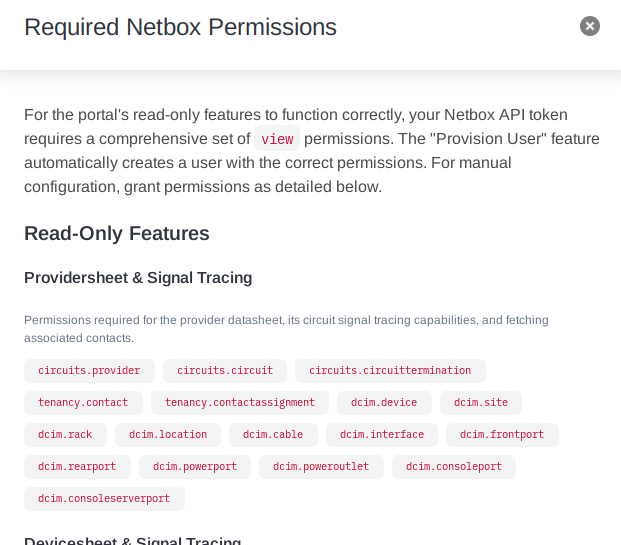 Image: The Required Netbox Permissions modal, showing a list of features like Device Datasheet and the specific `view_*` permissions needed for each.