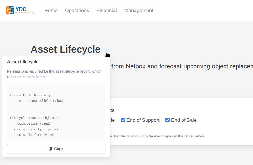 Image: A feature title like "Asset Lifecycle" with the blue shield icon next to it. A tooltip is shown, listing the necessary `dcim.view_devicetype`, `extras.view_customfield`, etc., permissions.