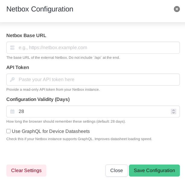 Image: The Netbox Configuration modal for the unauthenticated Devicesheet tool, showing fields for URL and API Token.