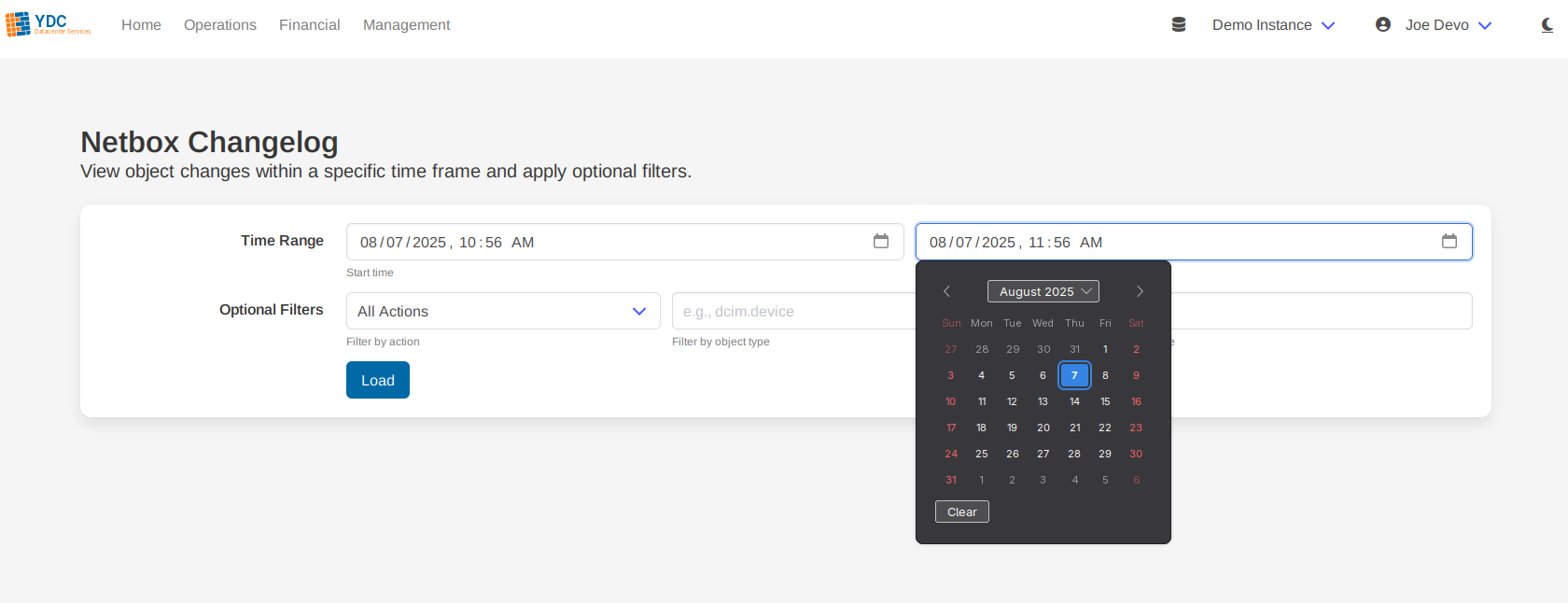 Screenshot: The filter controls for the Changelog Explorer, with a date range and object type filter applied.