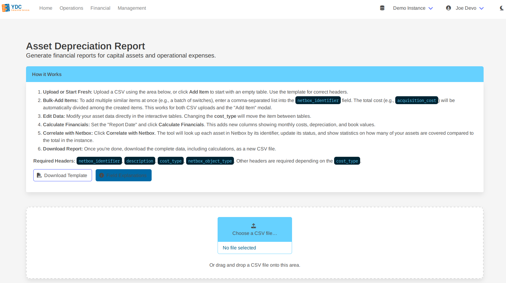 Screenshot: The CSV upload area on the Depreciation page.