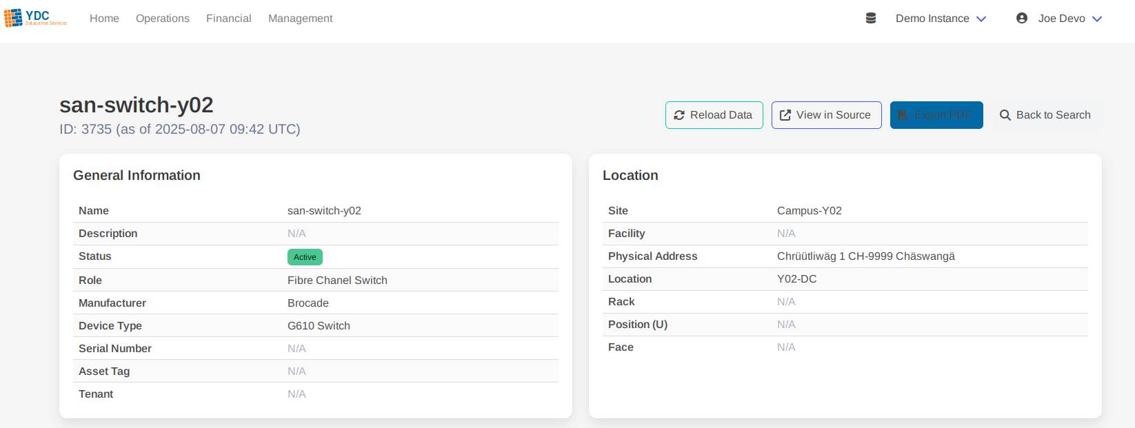 Screenshot: The top half of a generated datasheet, showing the General Information and Location boxes.