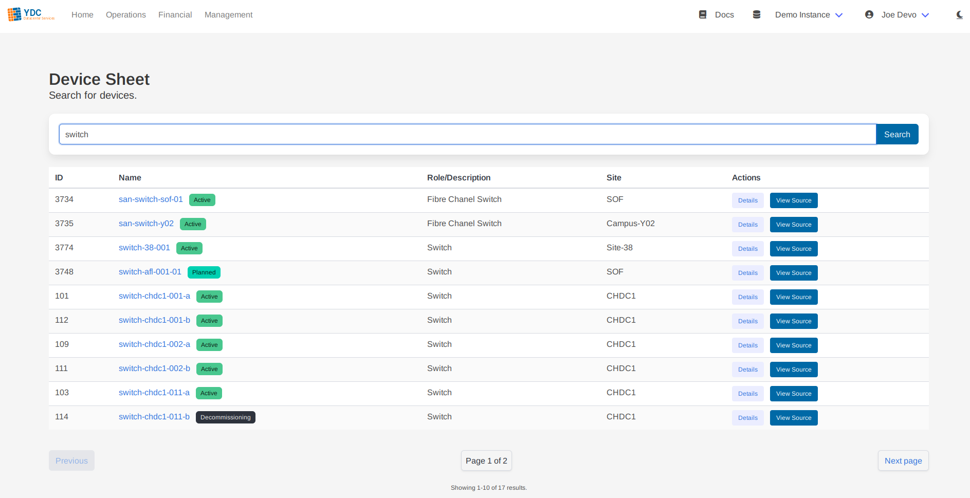 Screenshot: A table of search results showing several devices, with one "Details" button highlighted.