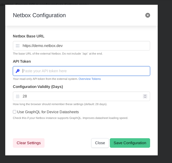 Screenshot: The filled-out Netbox Configuration modal with the Save button highlighted.