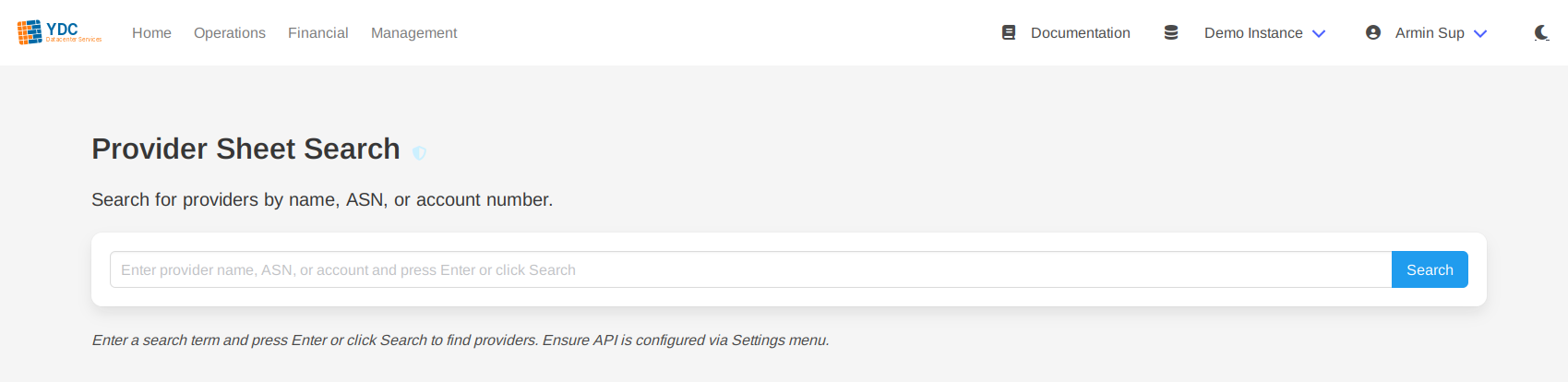 Screenshot: The Provider Sheet search bar with a provider name entered and the Search button highlighted.