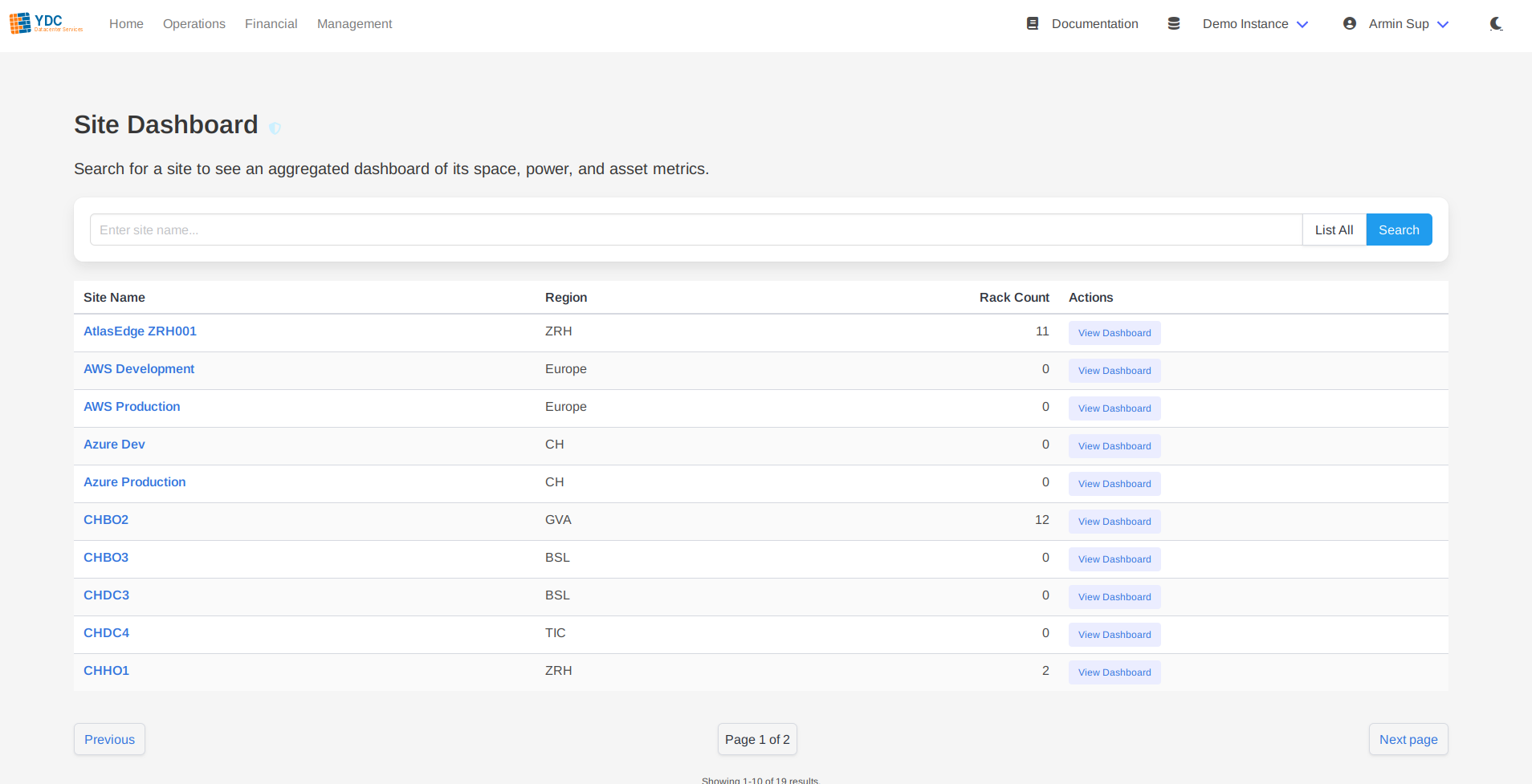 Screenshot: A table of search results showing several sites, with one "View Dashboard" button highlighted.