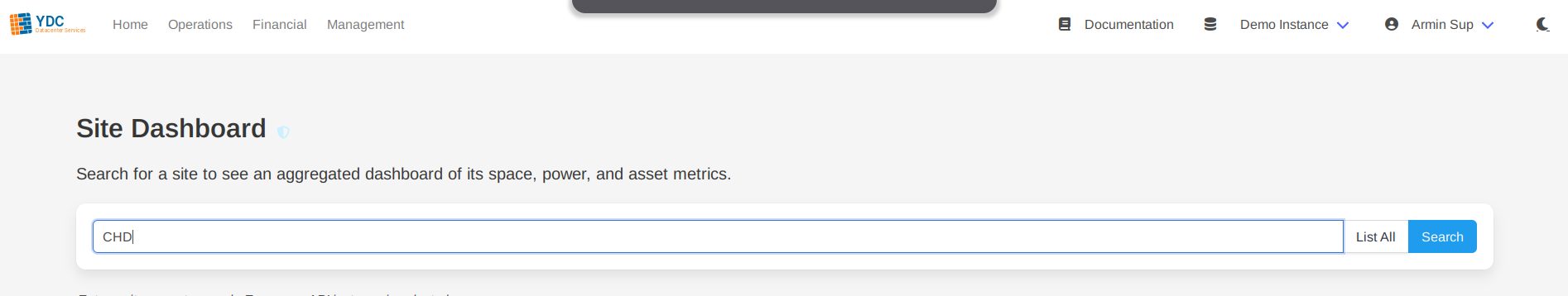 Screenshot: The site dashboard search page with a site name entered in the search box.