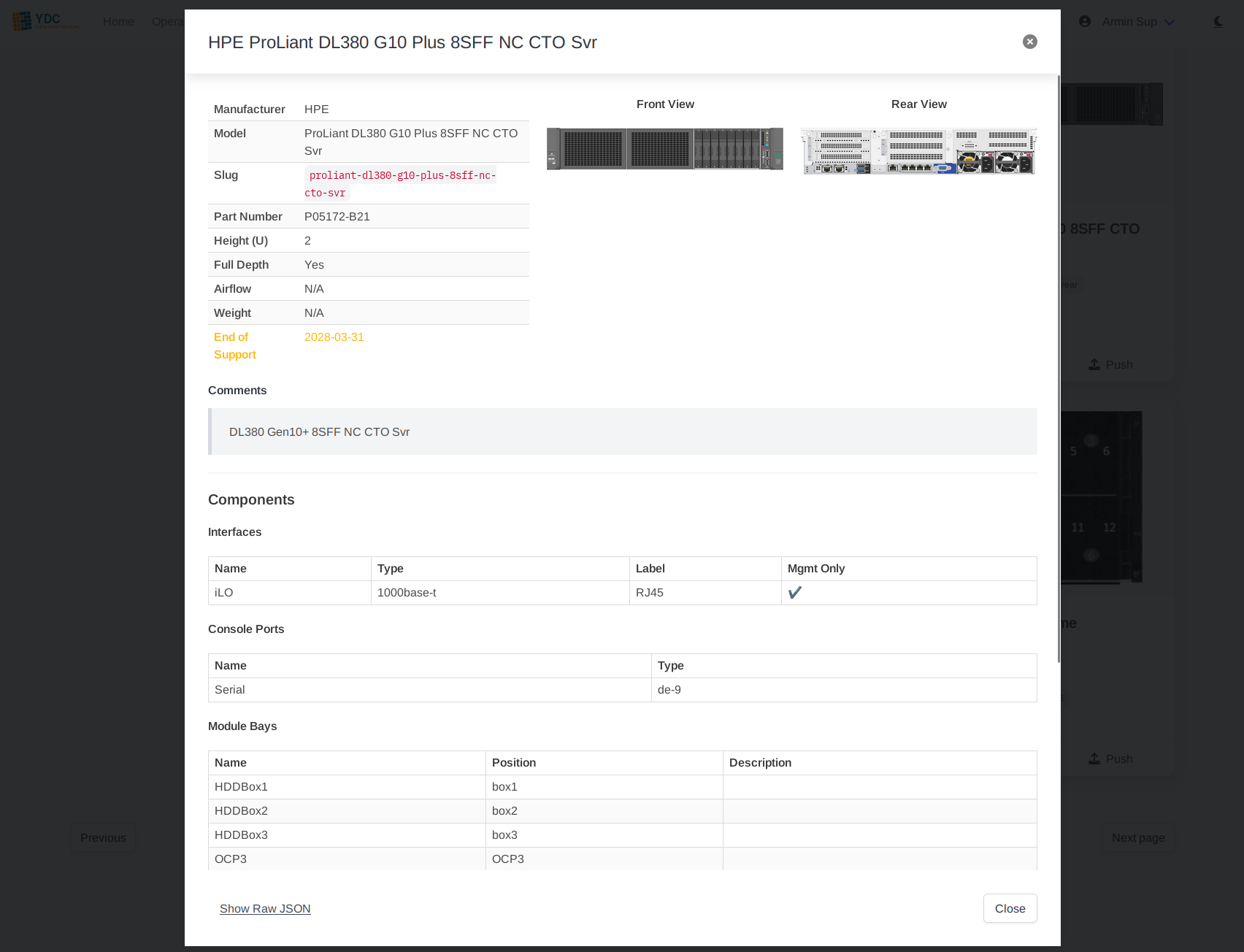 Screenshot: The details modal for a specific device type, showing its specs, images, and a table of its interface templates.