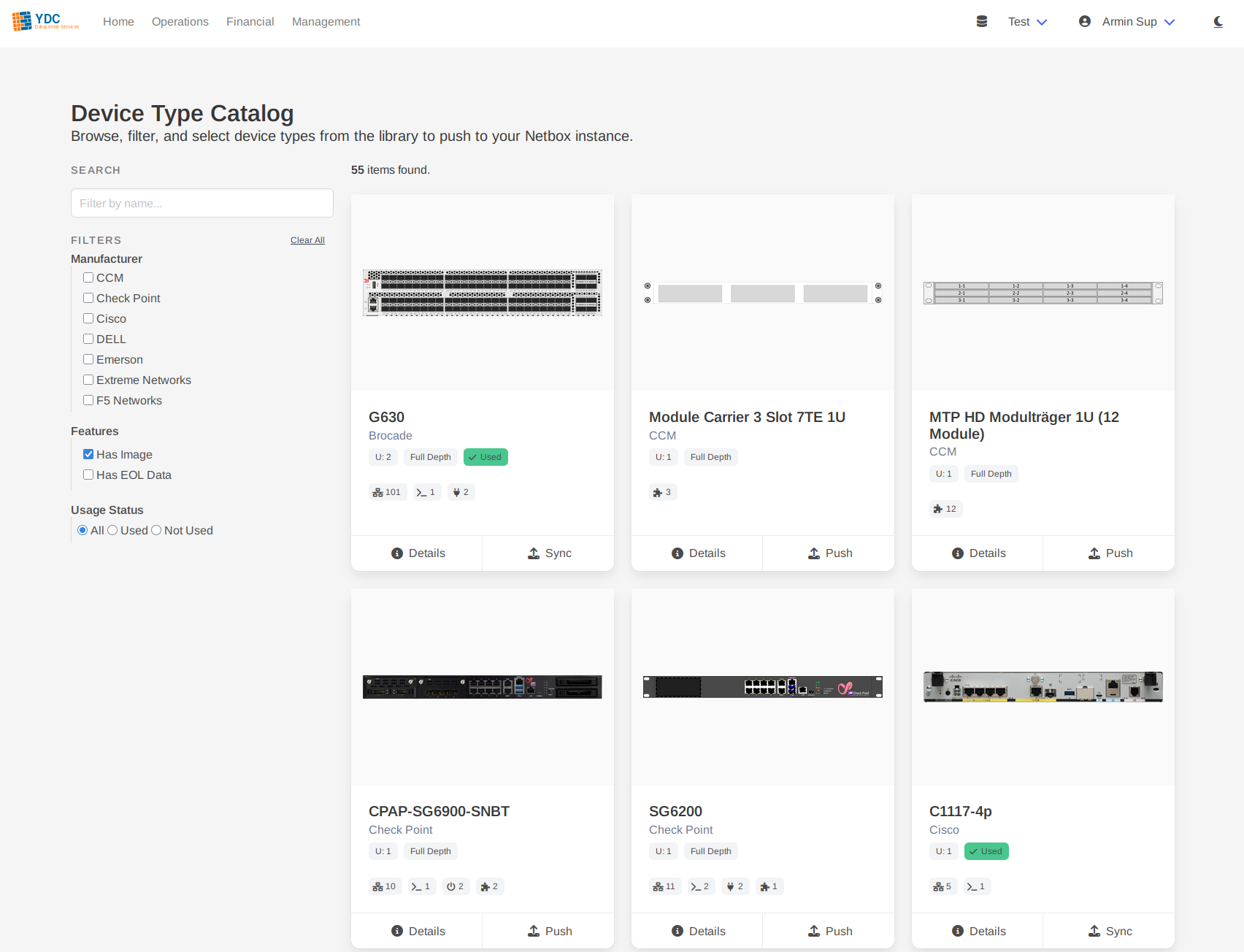 Screenshot: The Device Type Catalog grid view with the filter panel visible on the left.